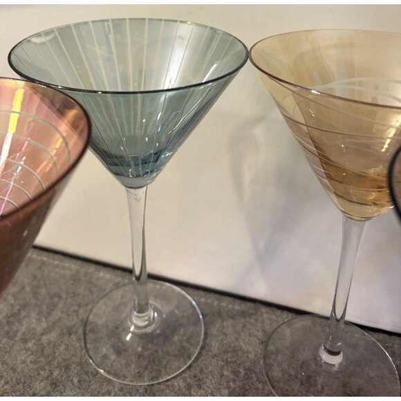 Set of 4 Elements Iridescent Etched Martini Glasses w/Different Designs #3052 - Picture 4 of 8